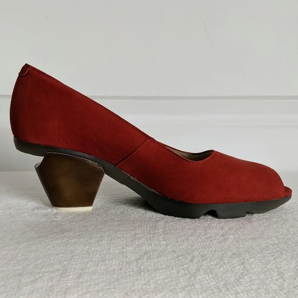 FLY London Suede Peep Toe Beveled Metallic Heel Burnt Orange EU40 9-9.5 NWOB - Picture 5 of 16